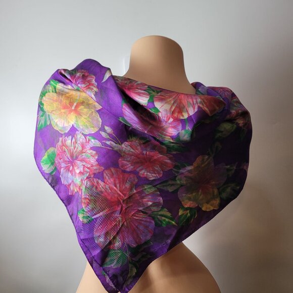 Echo Floral Hibiscus Purple Silk Scarf 34" X 34.75" - Picture 6 of 10